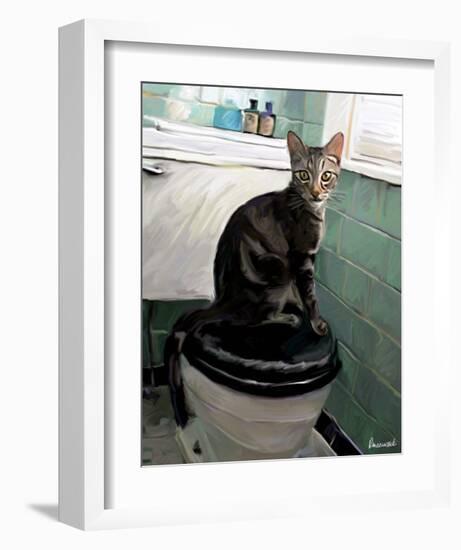 Gray Tiger Cat on the Toilet-Robert Mcclintock-Framed Art Print