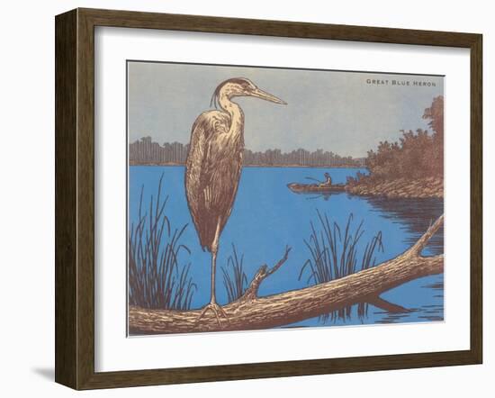 Great Blue Heron Perched on Log-null-Framed Art Print