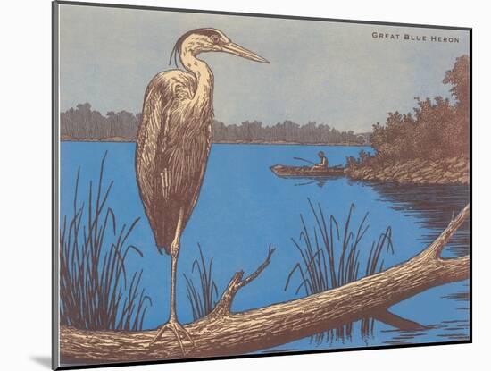 Great Blue Heron Perched on Log-null-Mounted Art Print
