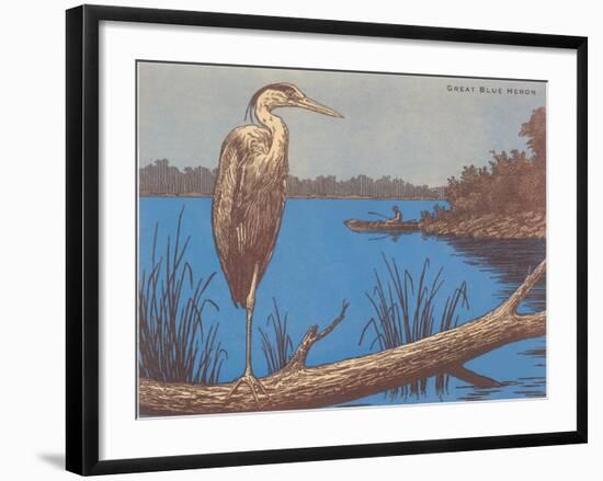 Great Blue Heron Perched on Log-null-Framed Art Print