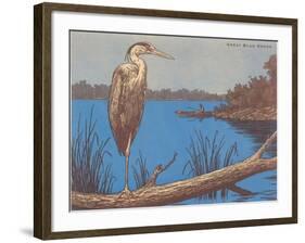 Great Blue Heron Perched on Log-null-Framed Art Print