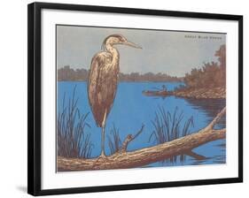 Great Blue Heron Perched on Log-null-Framed Art Print