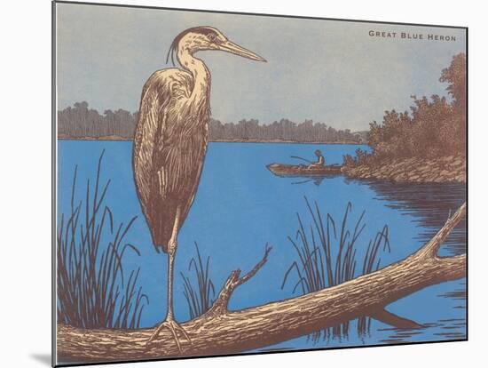 Great Blue Heron Perched on Log-null-Mounted Art Print