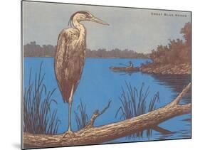 Great Blue Heron Perched on Log-null-Mounted Art Print