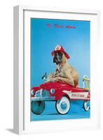 Great Dane in Toy Fire Wagon, Third Alarm-null-Framed Art Print