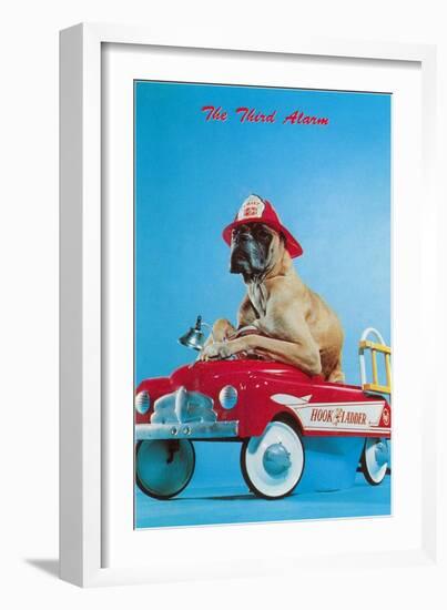 Great Dane in Toy Fire Wagon, Third Alarm-null-Framed Art Print