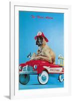 Great Dane in Toy Fire Wagon, Third Alarm-null-Framed Art Print