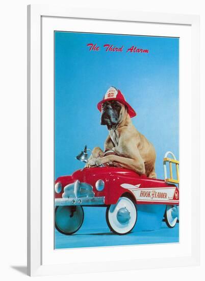 Great Dane in Toy Fire Wagon, Third Alarm-null-Framed Art Print