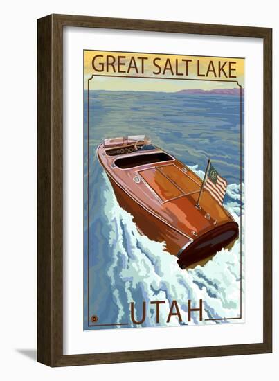 Great Salt Lake, Utah - Chris Craft Boat-Lantern Press-Framed Art Print