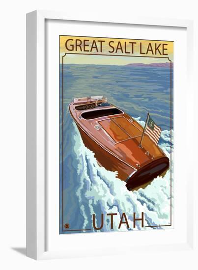 Great Salt Lake, Utah - Chris Craft Boat-Lantern Press-Framed Art Print