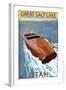 Great Salt Lake, Utah - Chris Craft Boat-Lantern Press-Framed Art Print