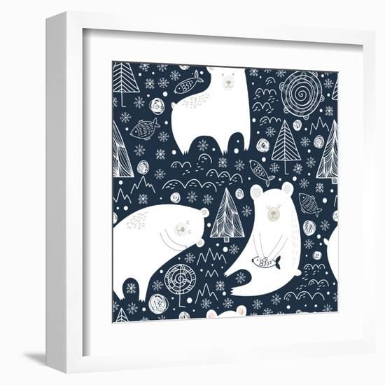 Great Seamless Pattern with Cute Polar Bears, Fishes and Trees at Night in Winter. Can Be Used for-veron_ice-Framed Art Print