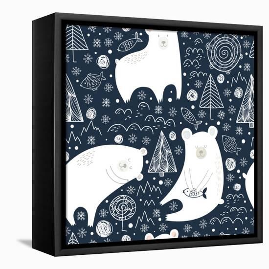 Great Seamless Pattern with Cute Polar Bears, Fishes and Trees at Night in Winter. Can Be Used for-veron_ice-Framed Stretched Canvas