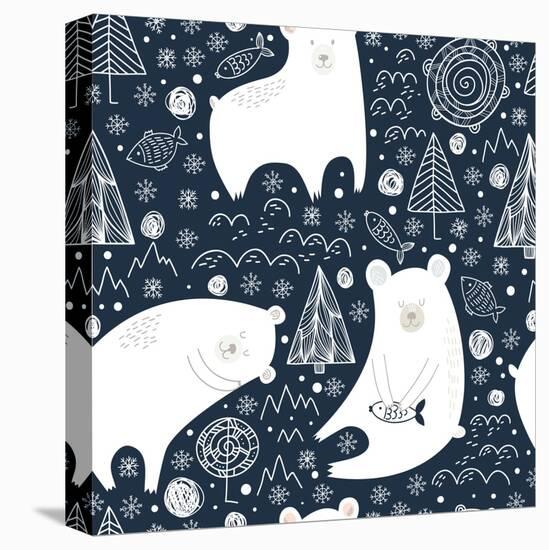 Great Seamless Pattern with Cute Polar Bears, Fishes and Trees at Night in Winter. Can Be Used for-veron_ice-Stretched Canvas