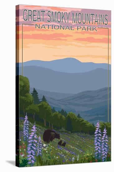 Great Smoky Mountains National Park - Bear and Spring Flowers-Lantern Press-Stretched Canvas