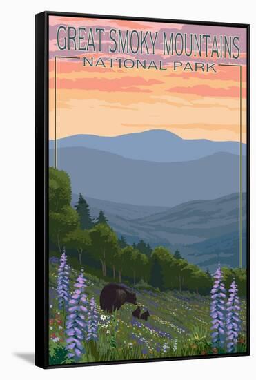 Great Smoky Mountains National Park - Bear and Spring Flowers-Lantern Press-Framed Stretched Canvas