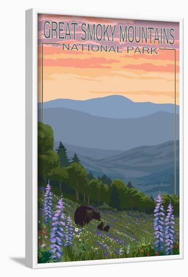 Great Smoky Mountains National Park - Bear and Spring Flowers-Lantern Press-Framed Art Print