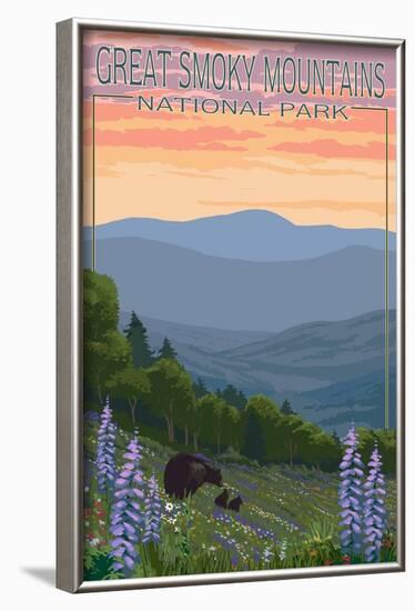 Great Smoky Mountains National Park - Bear and Spring Flowers-Lantern Press-Framed Art Print