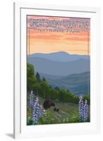 Great Smoky Mountains National Park - Bear and Spring Flowers-Lantern Press-Framed Art Print