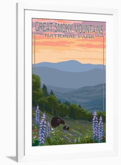 Great Smoky Mountains National Park - Bear and Spring Flowers-Lantern Press-Framed Art Print
