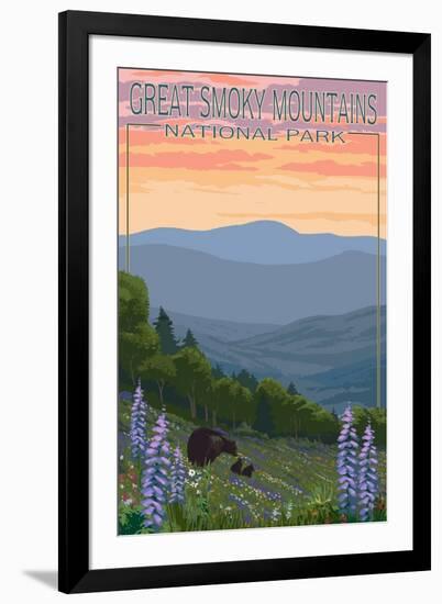 Great Smoky Mountains National Park - Bear and Spring Flowers-Lantern Press-Framed Art Print