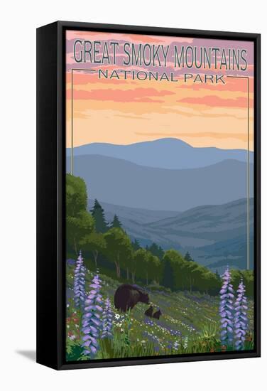 Great Smoky Mountains National Park - Bear and Spring Flowers-Lantern Press-Framed Stretched Canvas