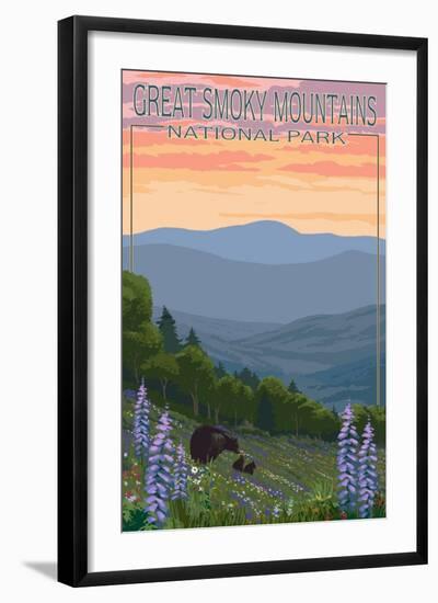 Great Smoky Mountains National Park - Bear and Spring Flowers-Lantern Press-Framed Art Print