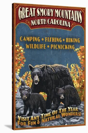 Great Smoky Mountains, North Carolina - Black Bears Vintage Sign-Lantern Press-Stretched Canvas