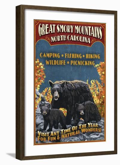 Great Smoky Mountains, North Carolina - Black Bears Vintage Sign-Lantern Press-Framed Art Print