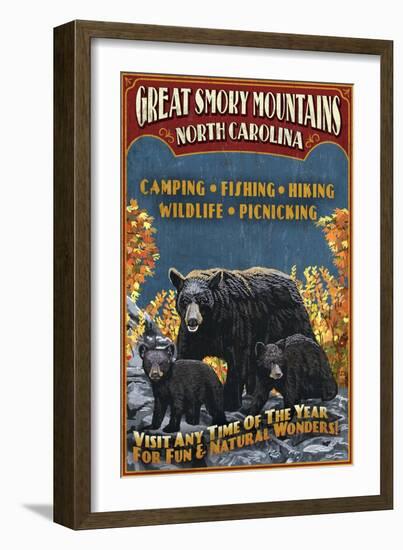 Great Smoky Mountains, North Carolina - Black Bears Vintage Sign-Lantern Press-Framed Art Print