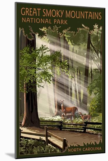 Great Smoky Mountains, North Carolina - Deer and Fawn-Lantern Press-Mounted Art Print