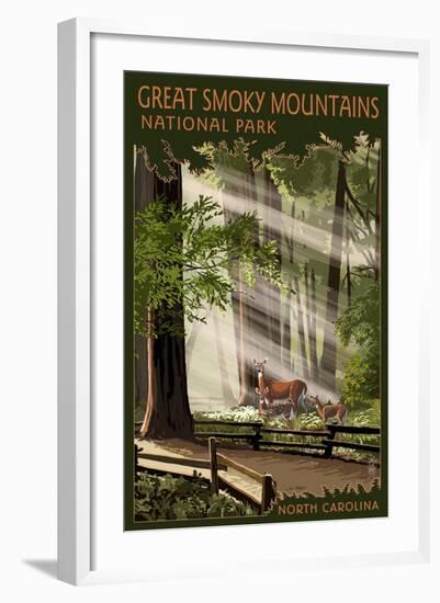 Great Smoky Mountains, North Carolina - Deer and Fawn-Lantern Press-Framed Art Print