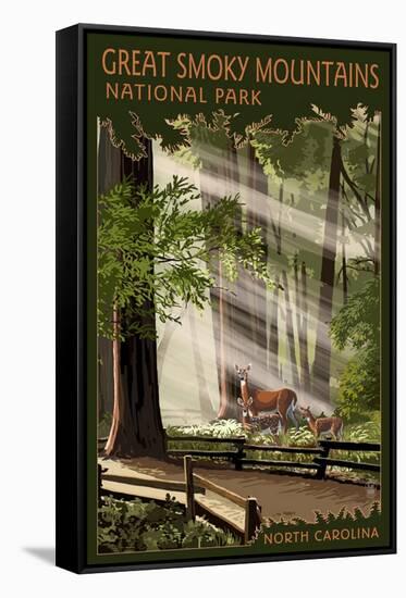 Great Smoky Mountains, North Carolina - Deer and Fawn-Lantern Press-Framed Stretched Canvas