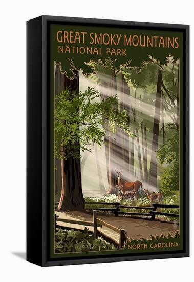 Great Smoky Mountains, North Carolina - Deer and Fawn-Lantern Press-Framed Stretched Canvas