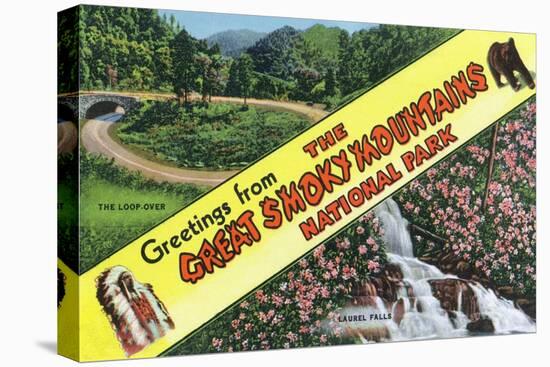 Great Smoky Mts. Nat'l Park, Tennessee - View of Loop-Over, Laurel Falls, Greetings from, c.1944-Lantern Press-Stretched Canvas