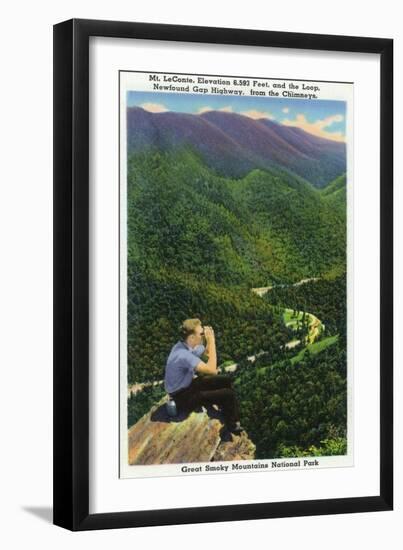 Great Smoky Mts. Nat'l Park, Tn - Hiker Looking at Mt. Le Conte, Newfound Gap Hwy Loop, c.1941-Lantern Press-Framed Art Print