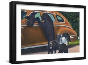 Great Smoky Mts. Nat'l Park, Tn - View of Black Bear and Cubs Looking in a Car, c.1940-Lantern Press-Framed Art Print