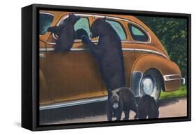 Great Smoky Mts. Nat'l Park, Tn - View of Black Bear and Cubs Looking in a Car, c.1940-Lantern Press-Framed Stretched Canvas