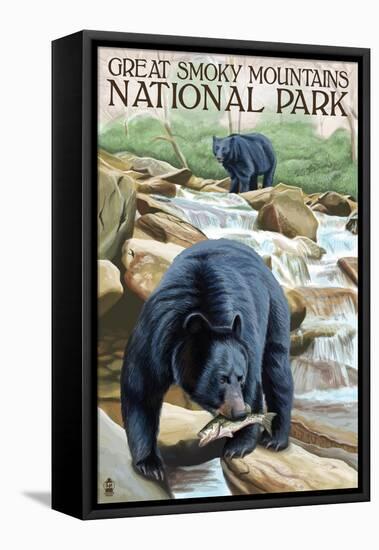 Great Smoky Mts. National Park, TN, Black Bear Fishing-Lantern Press-Framed Stretched Canvas