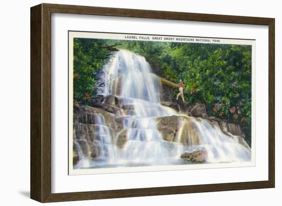 Great Smoky Mts National Park, TN, View of a Hiker Ascending Laurel Falls-Lantern Press-Framed Art Print