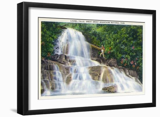 Great Smoky Mts National Park, TN, View of a Hiker Ascending Laurel Falls-Lantern Press-Framed Art Print