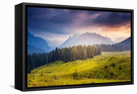 Great View of the Foggy Peak Cresta Di Enghe in Sappada. Dolomites Pesarine, South Tyrol. Location-Leonid Tit-Framed Stretched Canvas