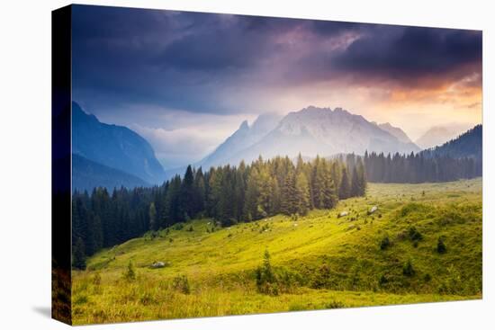 Great View of the Foggy Peak Cresta Di Enghe in Sappada. Dolomites Pesarine, South Tyrol. Location-Leonid Tit-Stretched Canvas