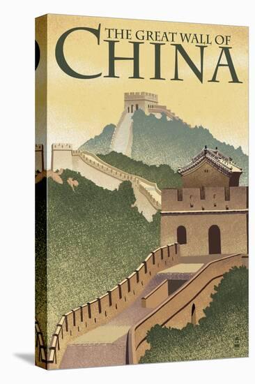 Great Wall of China - Lithograph Style-Lantern Press-Stretched Canvas