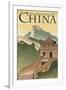 Great Wall of China - Lithograph Style-Lantern Press-Framed Art Print