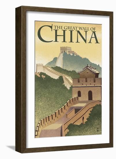 Great Wall of China - Lithograph Style-Lantern Press-Framed Art Print