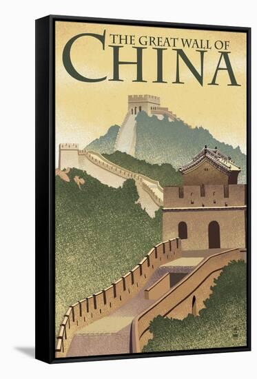 Great Wall of China - Lithograph Style-Lantern Press-Framed Stretched Canvas