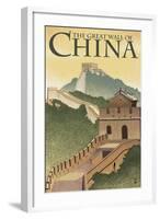 Great Wall of China - Lithograph Style-Lantern Press-Framed Art Print