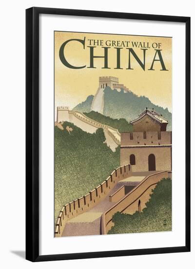 Great Wall of China - Lithograph Style-Lantern Press-Framed Art Print