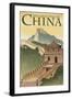 Great Wall of China - Lithograph Style-Lantern Press-Framed Art Print